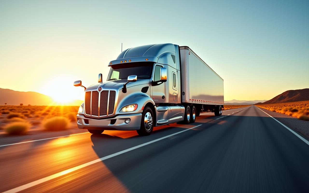 Heavy duty delivery truck driving on an open highway towards a horizon